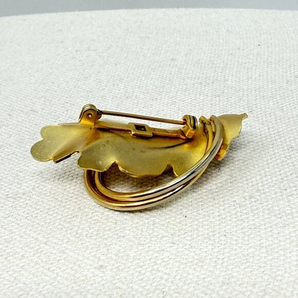 Vintage Leaf Brooch Gold-Tone Imitation Pearl MCM Mid-Century Nature Retro - Picture 7 of 11